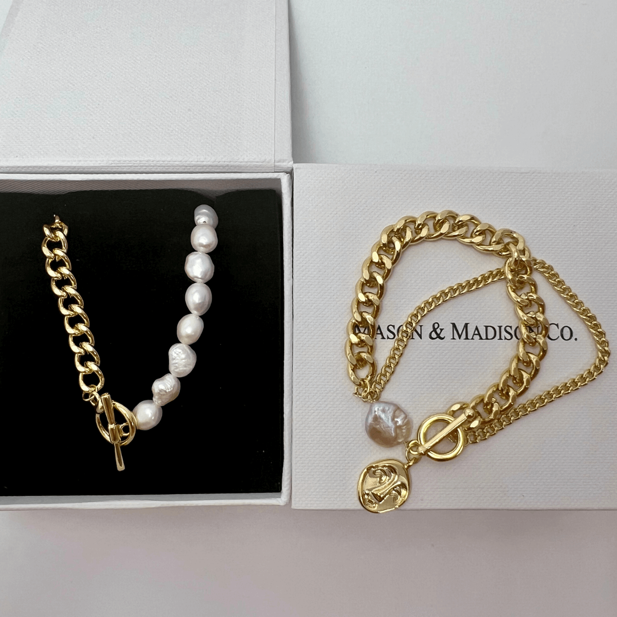 1# BEST Pearl Gold Chain Necklace Bracelet Jewelry Bundle Set Gift for Women | #1 Best Most Top Trendy Trending Aesthetic Yellow Gold Pearl Chain Necklace, Bracelet Jewelry Gift for Women, Mother, Wife, Ladies | Mason & Madison Co.