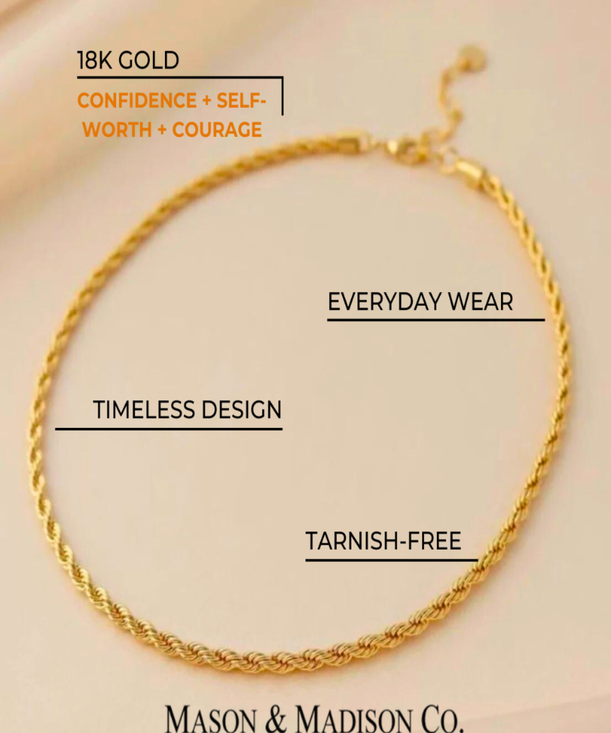 18K Gold Rope Chain Necklace Women’s Best Trending Gift for Lady Girl Mother Wife,Birthday Travel Vacation Bridal Wedding Party Daily Office Work School,Spring Summer Fall Winter Holiday Sale,Mason & Madison Co.