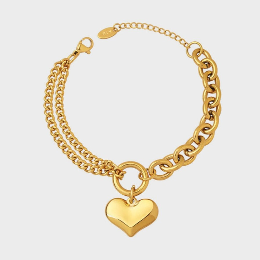 Gold Half Chunky Chain Heart Charm Bracelet