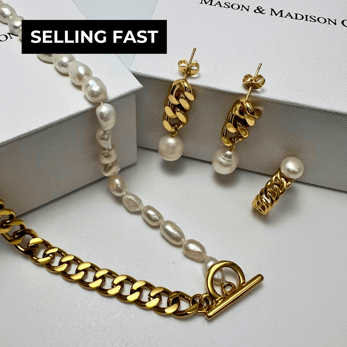 1# BEST Pearl Gold Chain Jewelry Bundle Set Gift for Women | #1 Best Most Top Trendy Trending Aesthetic Yellow Gold Pearl Chain Necklace, Earrings, Ring Jewelry Gift for Women, Mother, Wife, Ladies | Mason & Madison Co.