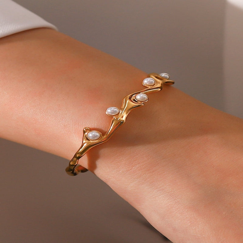 Gold Pearl Open Bangle Bracelet