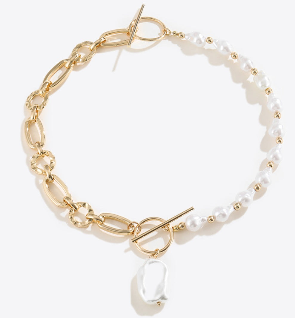 Half Pearl Half Gold Chain with Organic Pearl Pendant Necklace
