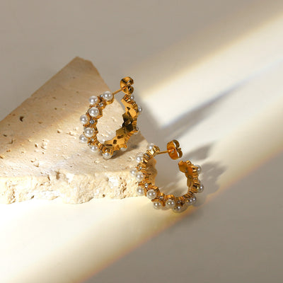 1# BEST Women's Gold Pearl Diamond Hoop Earrings for Women, #1 Best Most Top Trendy Trending Gold Pearl Diamond C-Hoop Earrings Jewelry Gift for Women, Mother, Ladies, Mason & Madison Co.