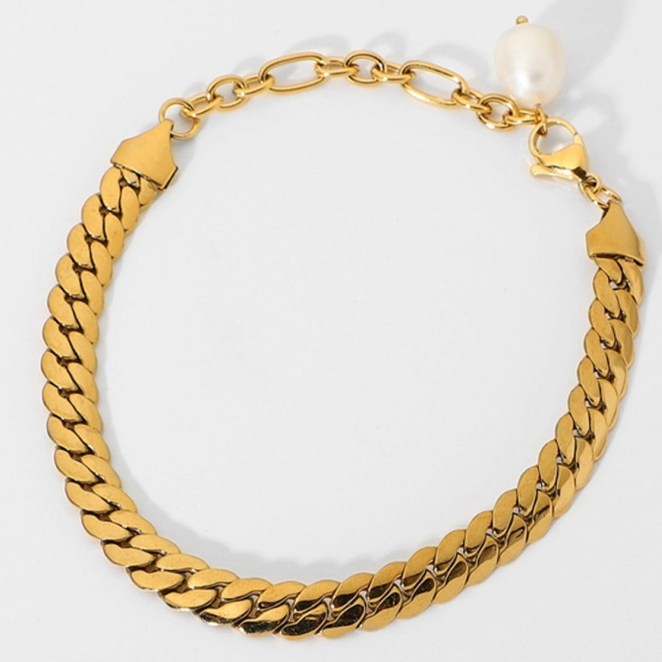 Thick Curb Gold Chain Bracelet with Pearl