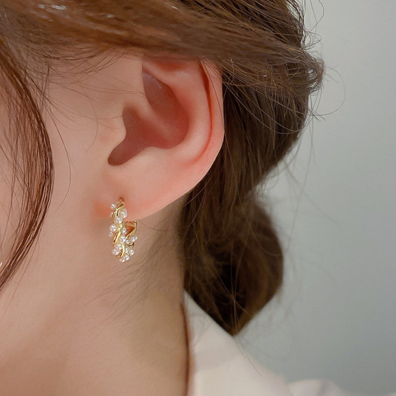 Twisted Gold & Pearl Huggie Hoop Earrings