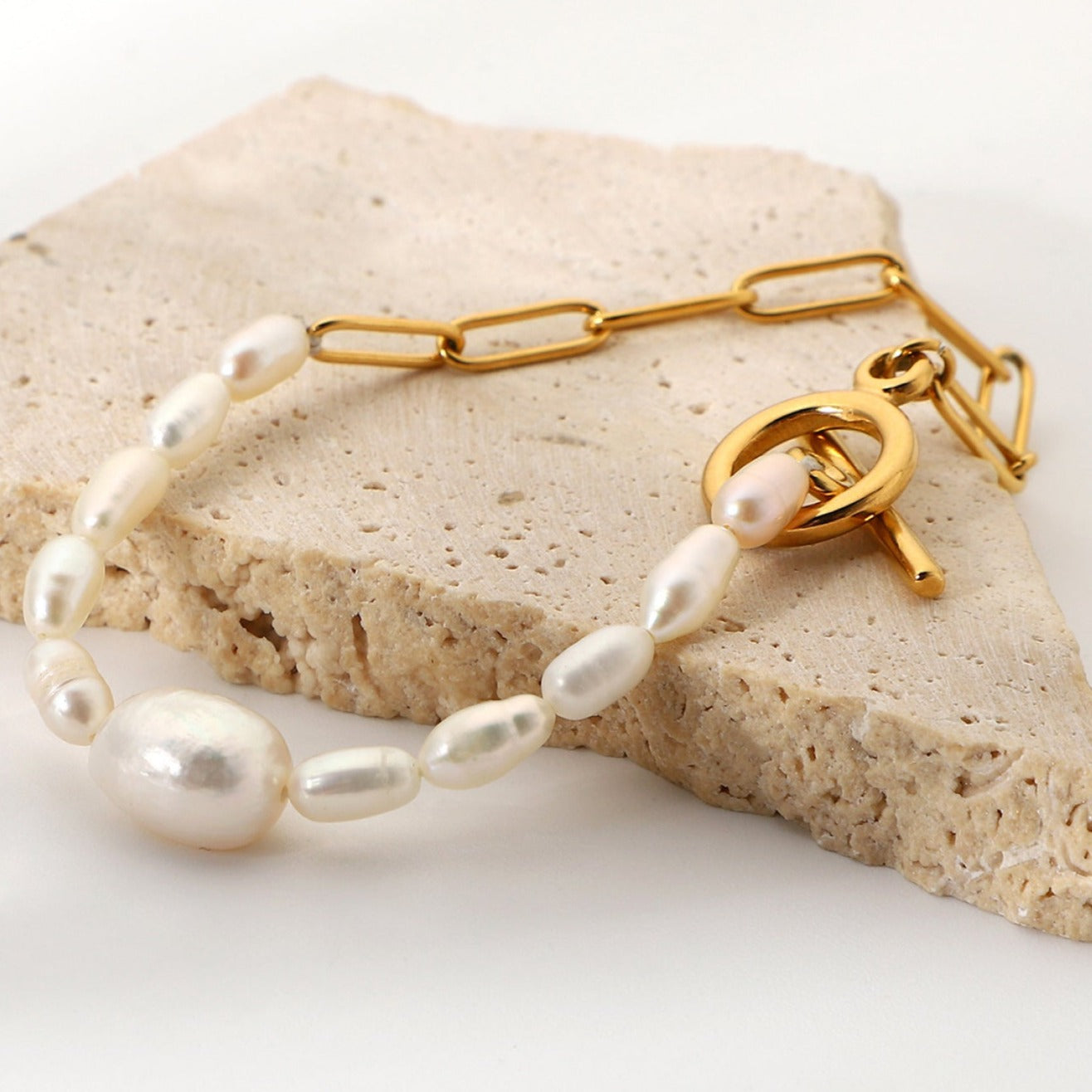 Gold Pearl Link Chain Bracelet