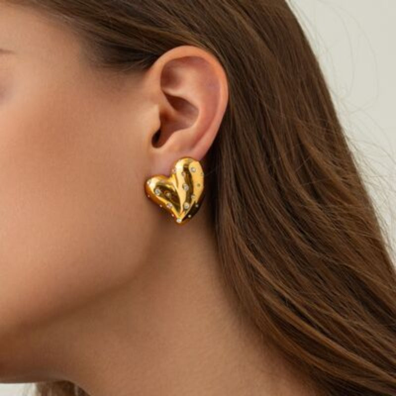 Gold Heart With Diamonds Stud Earrings