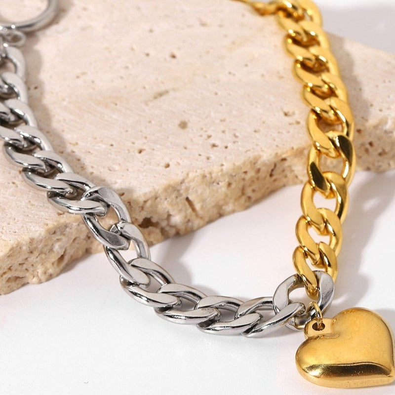 Gold & Silver Chain Heart Charm Bracelet