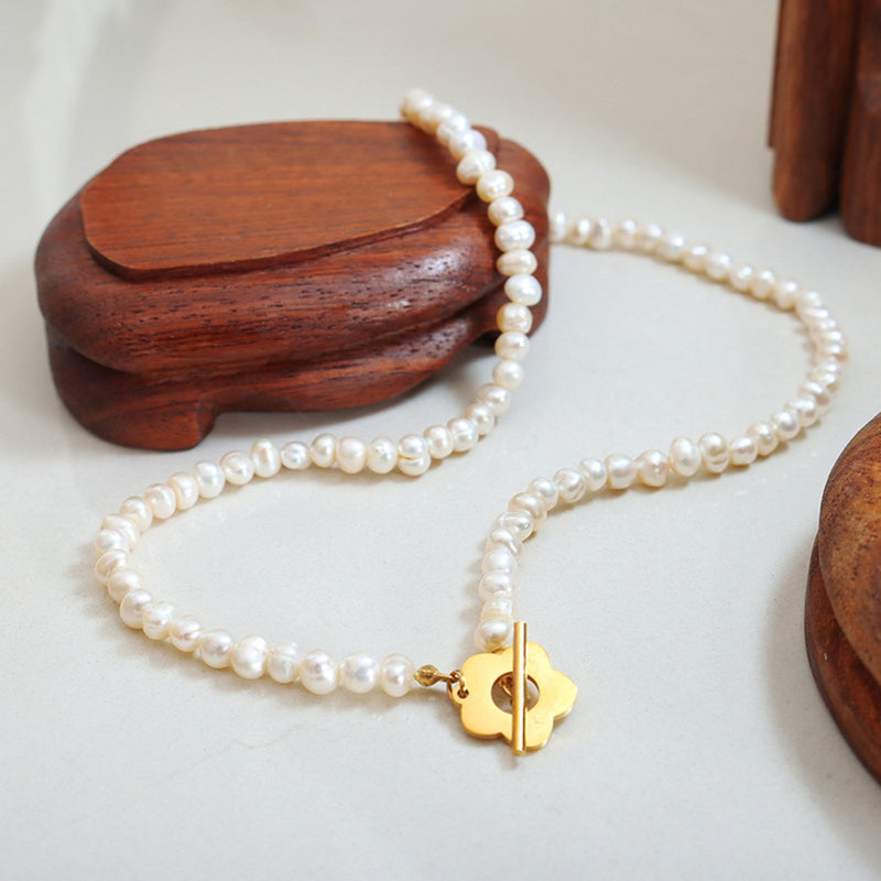 Gold Flower Pearl Chain Necklace