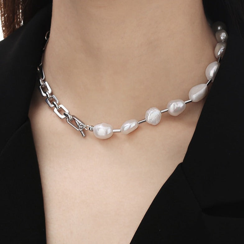 Half Silver Half Pearl Chain Necklace