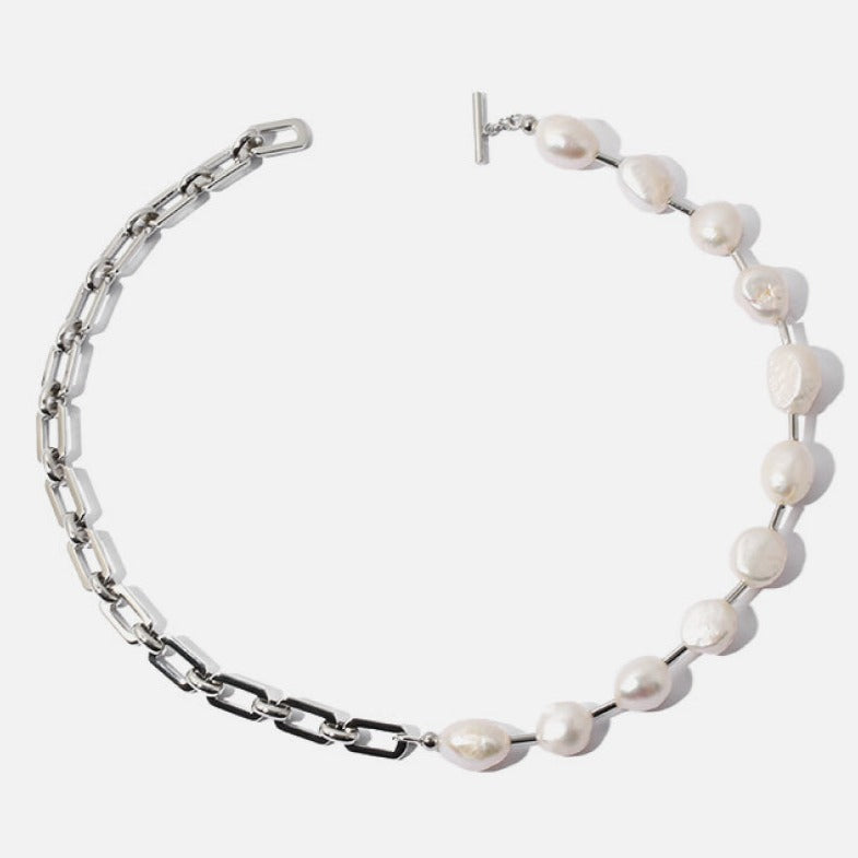 Half Silver Half Pearl Chain Necklace