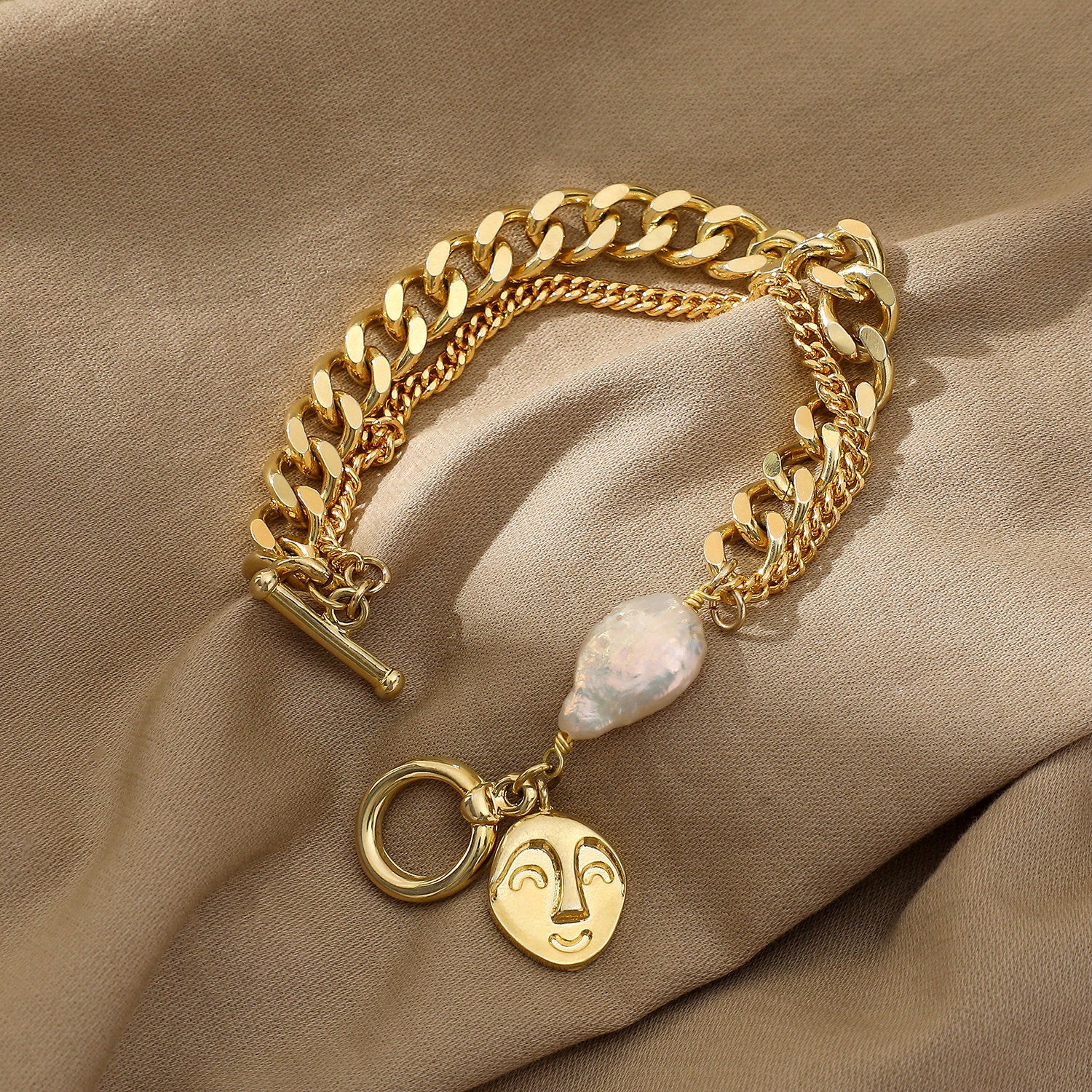 Bold Layered Gold Chain & Pearl Charm Bracelet