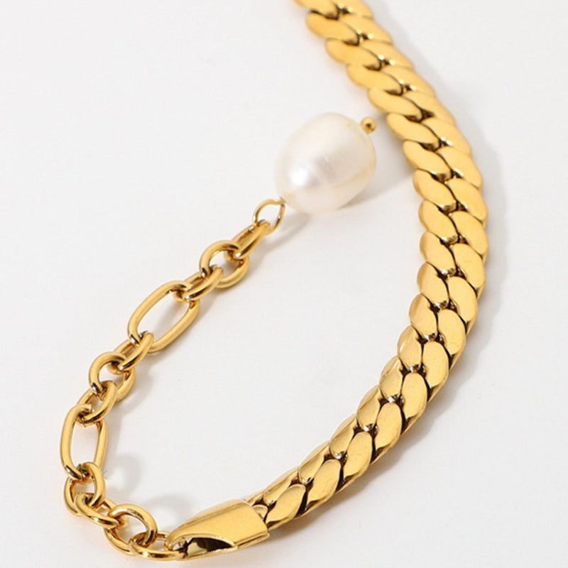 Thick Curb Gold Chain Bracelet with Pearl
