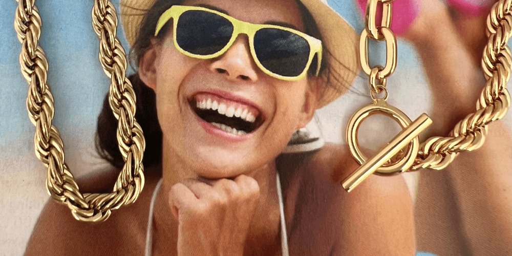 waterproof 18K gold necklaces during a workout and in a shower setting, highlighting tarnish-free durability