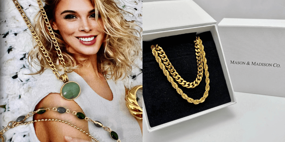 Model wearing Mason & Madison 18K gold layered necklaces and sustainable baroque pearl earrings for Mother's Day 2026.