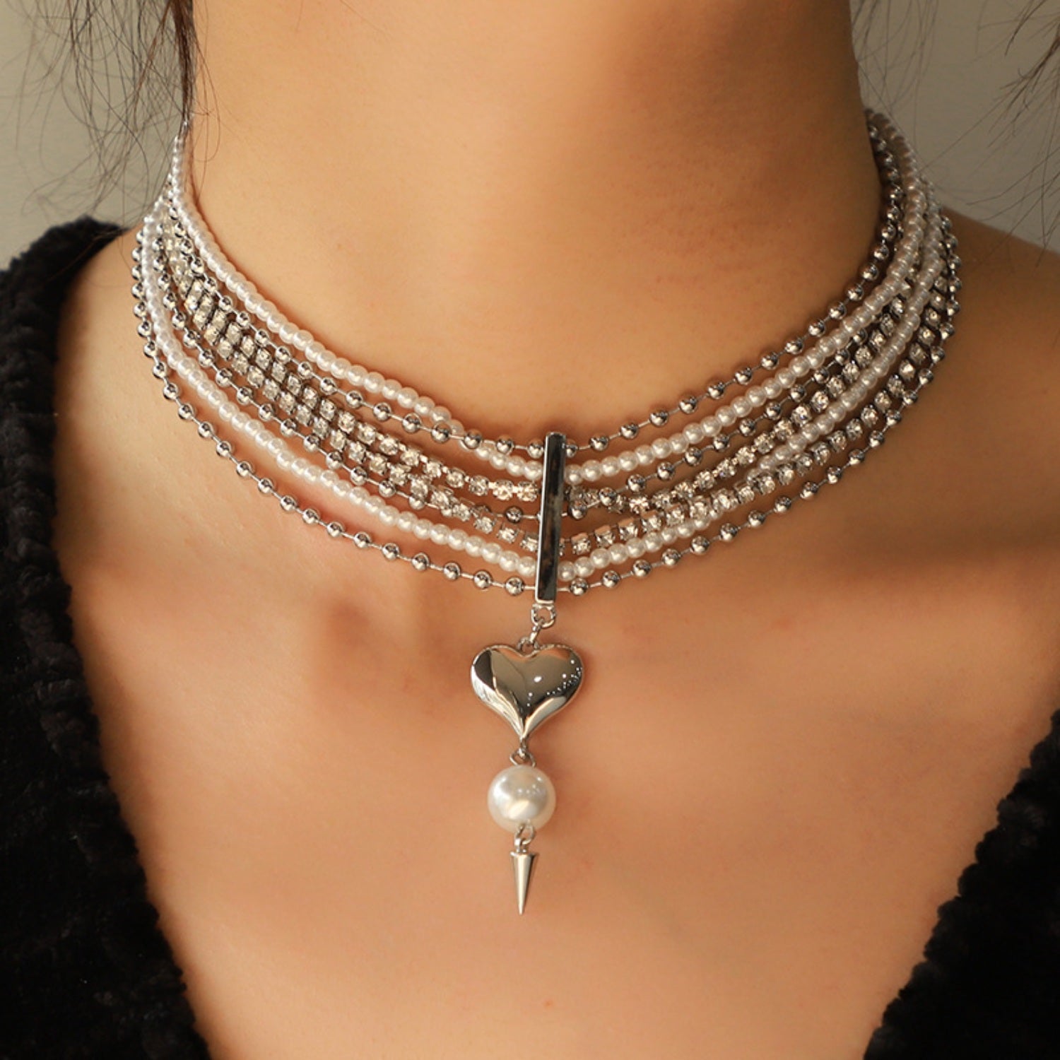 Layered Pearl Diamond Silver Heart Pendant Necklace