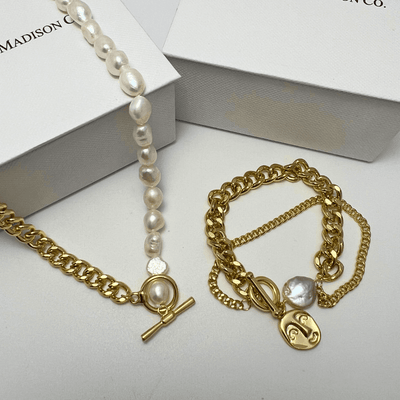 Best Pearl Gold Chain Jewelry Bundle Set Gift | Best Aesthetic Yellow Gold Pearl Chain Necklace, Bracelet Jewelry Gift for Women, Mother, Wife, Daughter | Mason & Madison Co.