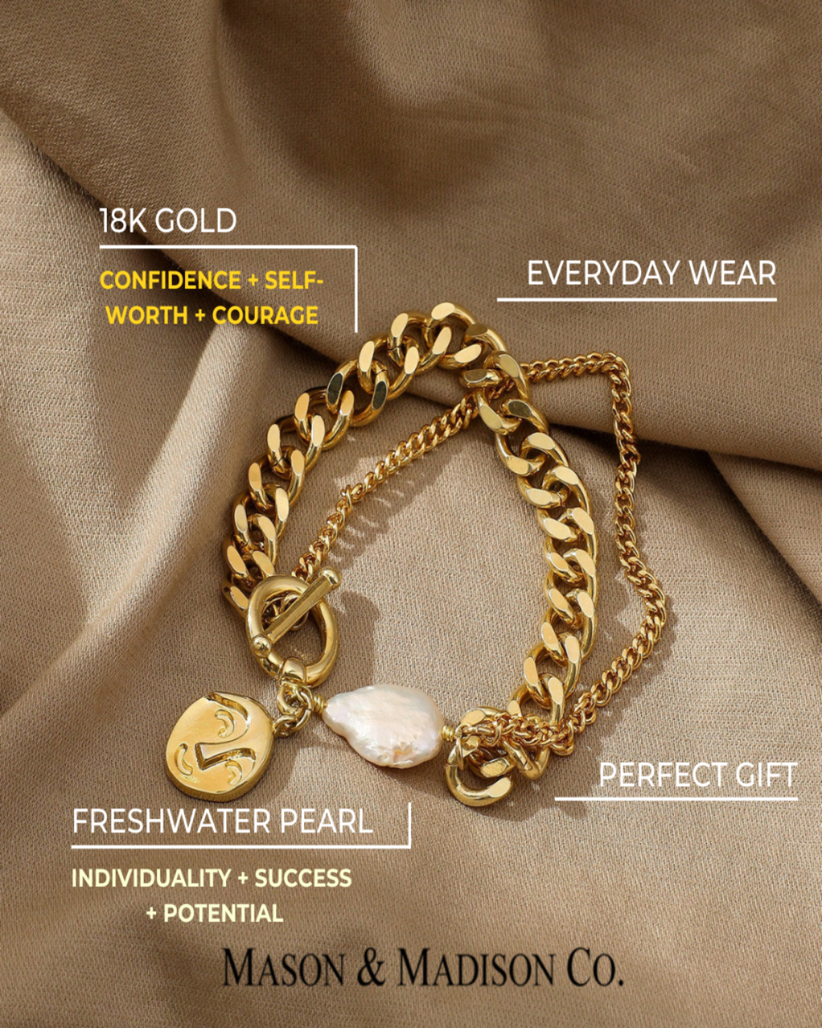 18K Gold Link Chain Bracelet Women’s Best Trending Gift for Lady Girl Mother Wife,Birthday Travel Vacation Bridal Wedding Party Daily Office Work School,Spring Summer Fall Winter Holiday Sale,Mason & Madison Co.
