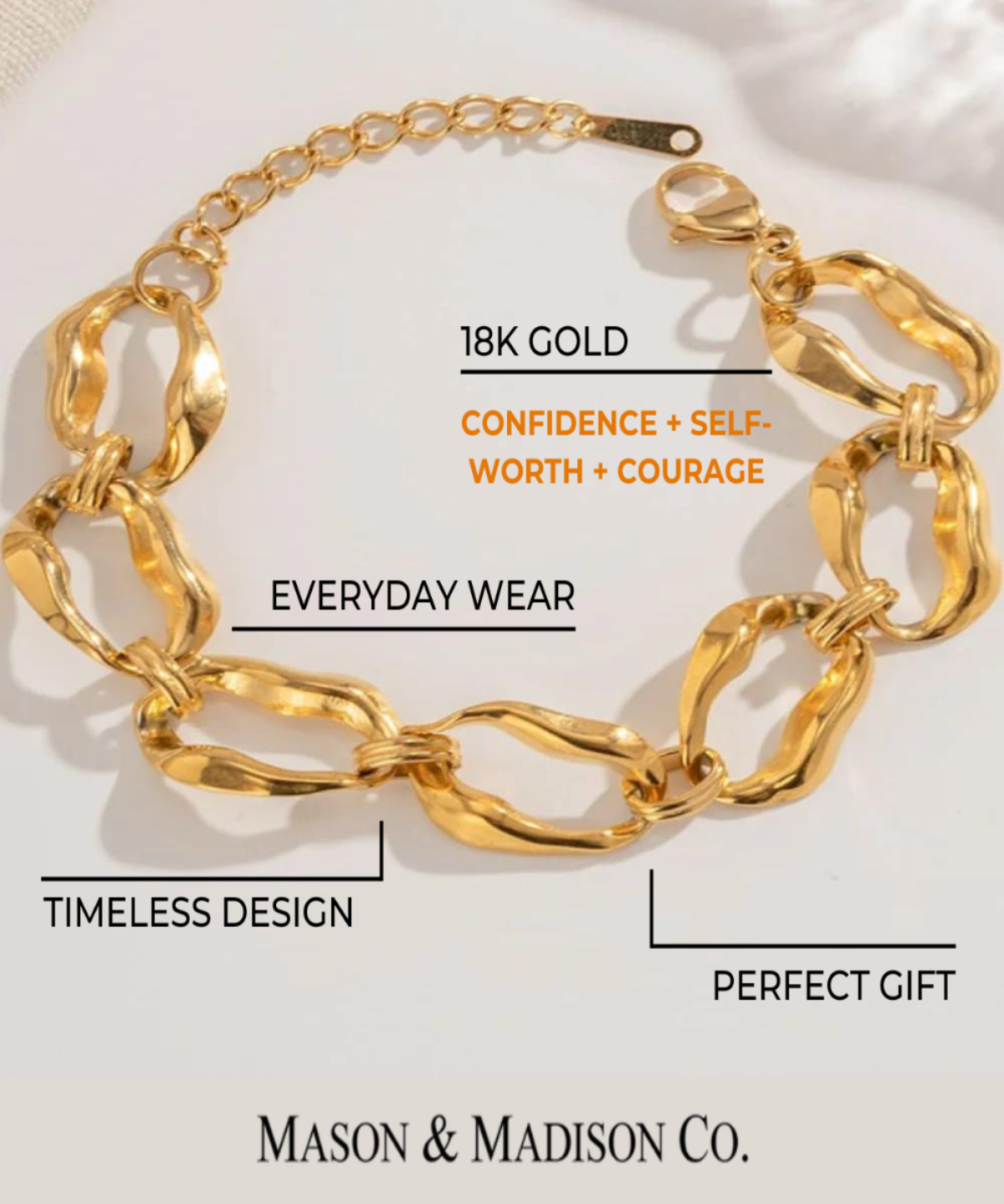 18K Gold Link Chain Bracelet Women’s Best Trending Gift for Lady Girl Mother Wife,Birthday Travel Vacation Bridal Wedding Party Daily Office Work School,Spring Summer Fall Winter Holiday Sale,Mason & Madison Co.