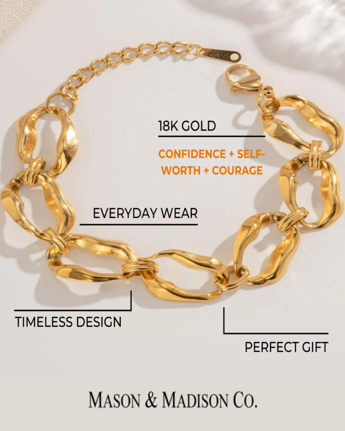 18K Gold Link Chain Bracelet Women’s Best Trending Gift for Lady Girl Mother Wife,Birthday Travel Vacation Bridal Wedding Party Daily Office Work School,Spring Summer Fall Winter Holiday Sale,Mason & Madison Co.