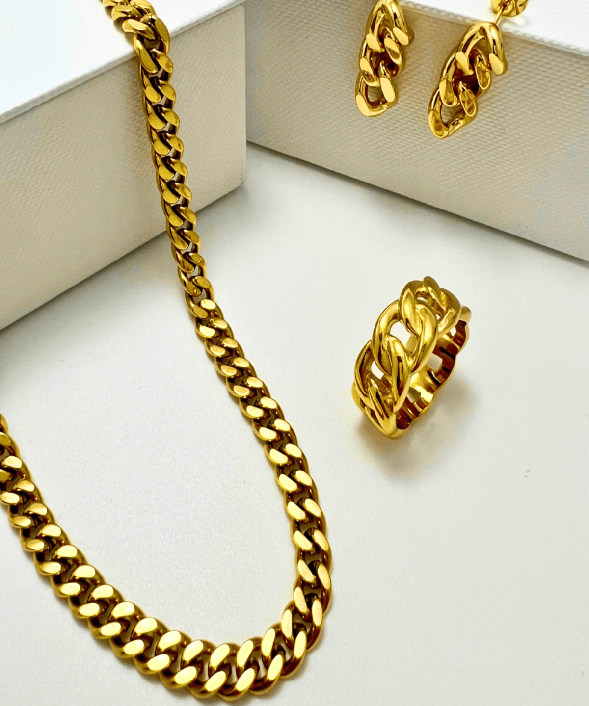 18K Gold Chain Necklace Earrings Ring Set, Best Trending Trendy Gold Chain Necklace Earrings Ring Jewelry Set Gift for Women, Lady, Mother, Wife. 