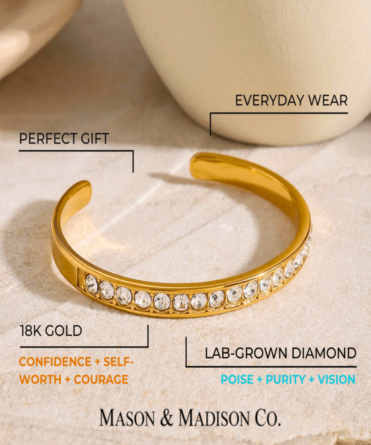 18K Diamond Gold Cuff Bracelet Women’s Best Trending Gift for Lady Girl Mother Wife,Birthday Travel Vacation Bridal Wedding Party Daily Office Work School,Spring Summer Fall Winter Holiday Sale,Mason & Madison Co.