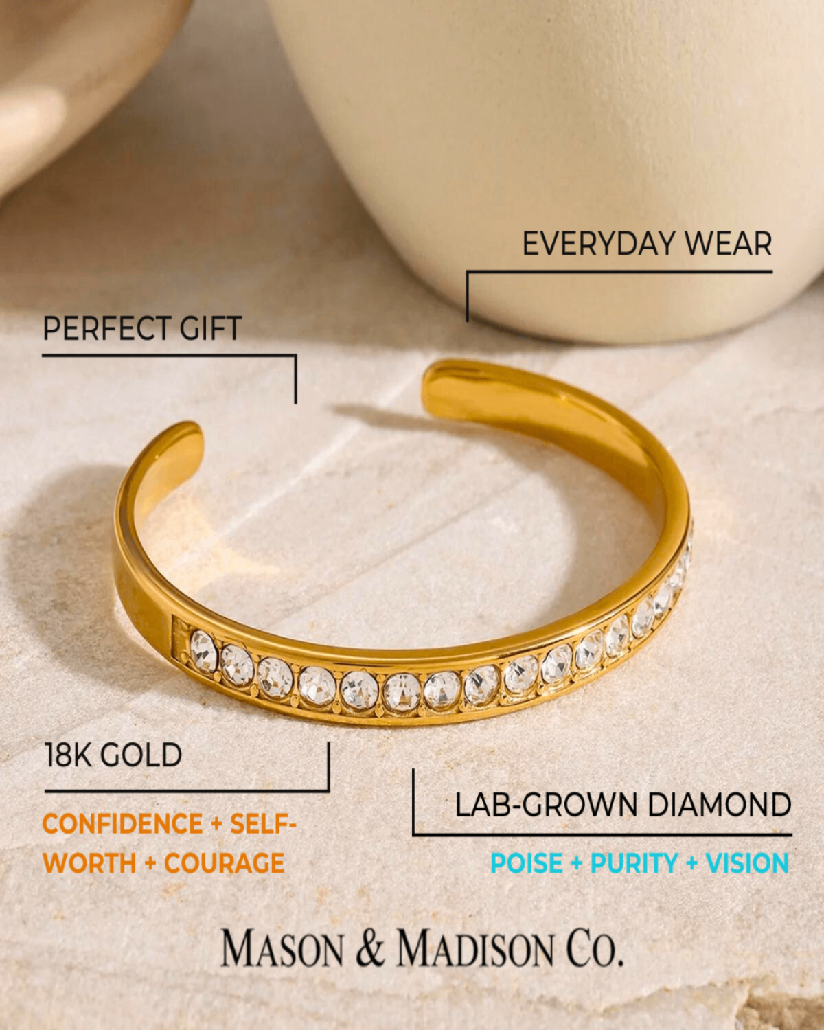 18K Diamond Gold Cuff Bracelet Women’s Best Trending Gift for Lady Girl Mother Wife,Birthday Travel Vacation Bridal Wedding Party Daily Office Work School,Spring Summer Fall Winter Holiday Sale,Mason & Madison Co.