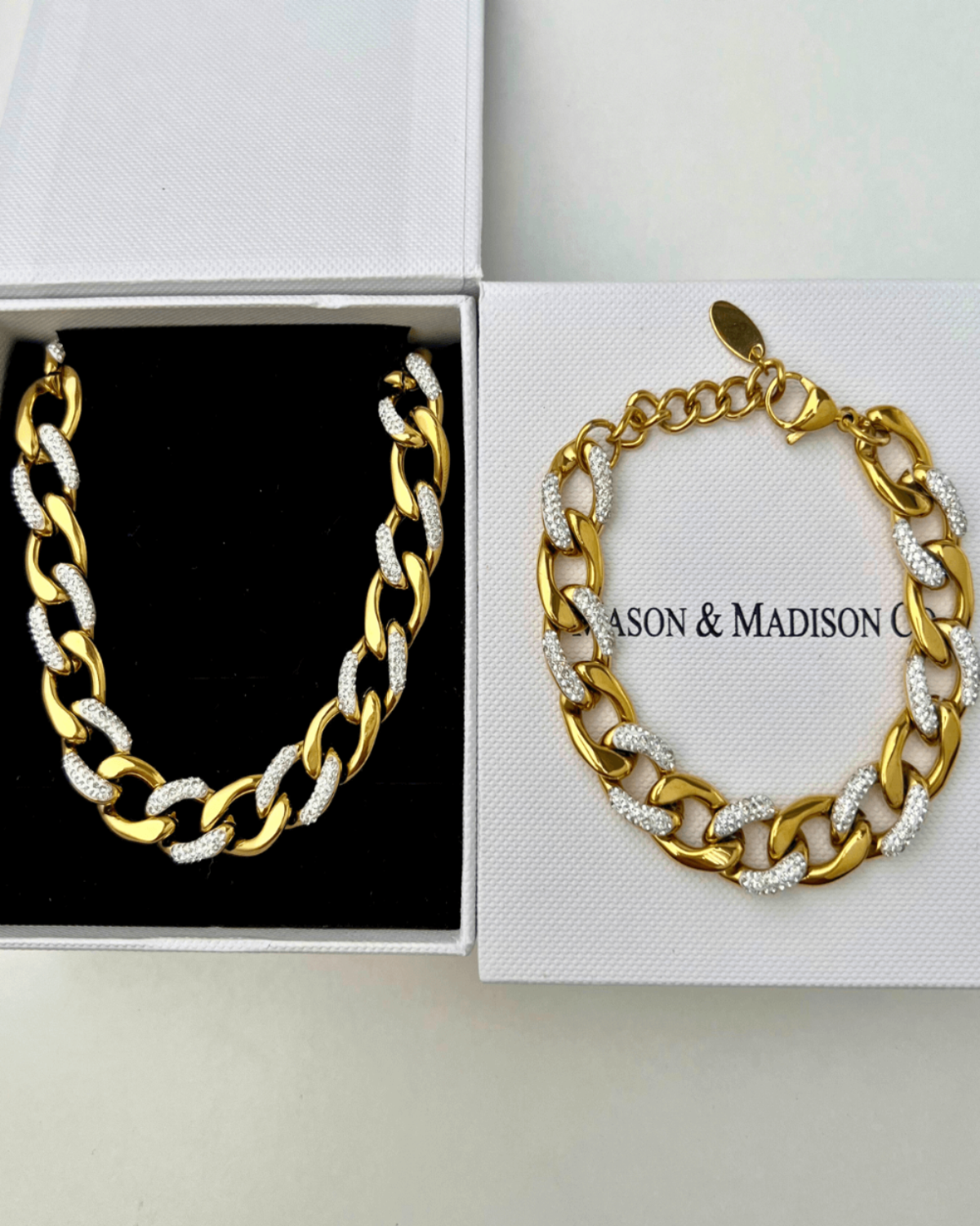 18K Diamond Gold Chunky Chain Necklace Bracelet Women’s Best Trending Gift for Lady Girl Mother Wife,Birthday Travel Vacation Bridal Wedding Party Daily Office Work School,Spring Summer Fall Winter Holiday Sale,Mason & Madison Co.