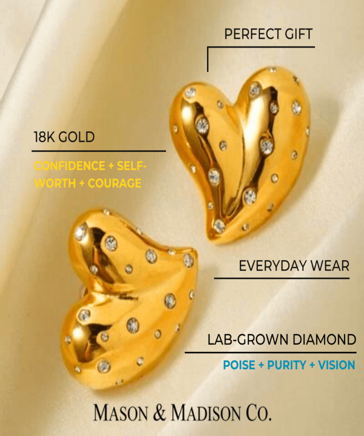 18K Gold Heart Earrings Women’s Best Trending Gift for Lady Girl Mother Wife,Birthday Travel Vacation Bridal Wedding Party Daily Office Work School,Spring Summer Fall Winter Holiday Sale,Mason & Madison Co.