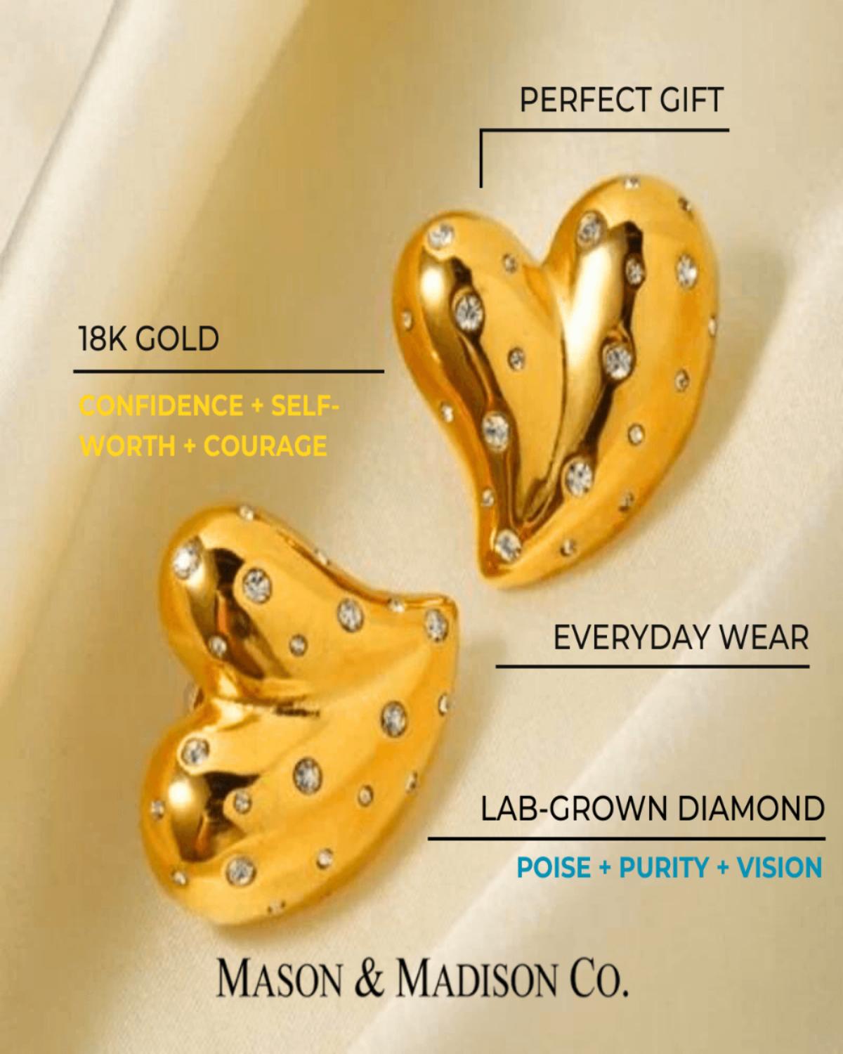18K Gold Heart Earrings Women’s Best Trending Gift for Lady Girl Mother Wife,Birthday Travel Vacation Bridal Wedding Party Daily Office Work School,Spring Summer Fall Winter Holiday Sale,Mason & Madison Co.
