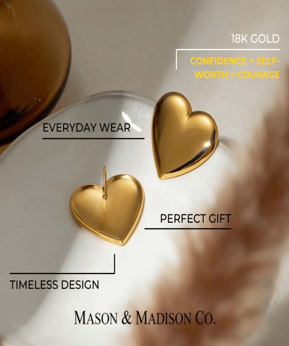 18K Gold Heart Stud Earrings Women’s Best Trending Gift for Lady Girl Mother Wife,Birthday Travel Vacation Bridal Wedding Party Daily Office Work School,Spring Summer Fall Winter Holiday Sale,Mason & Madison Co.