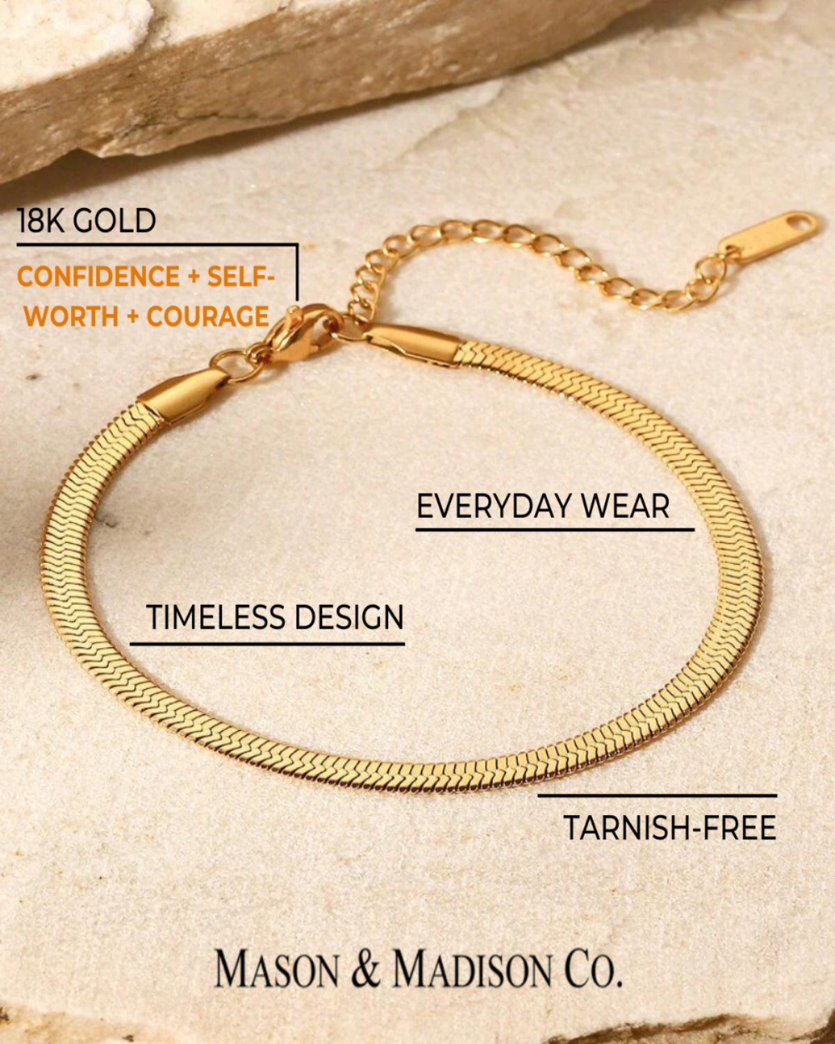 18K Gold Snake Chain Bracelet Women’s Best Trending Gift for Lady Girl Mother Wife,Birthday Travel Vacation Bridal Wedding Party Daily Office Work School,Spring Summer Fall Winter Holiday Sale,Mason & Madison Co.
