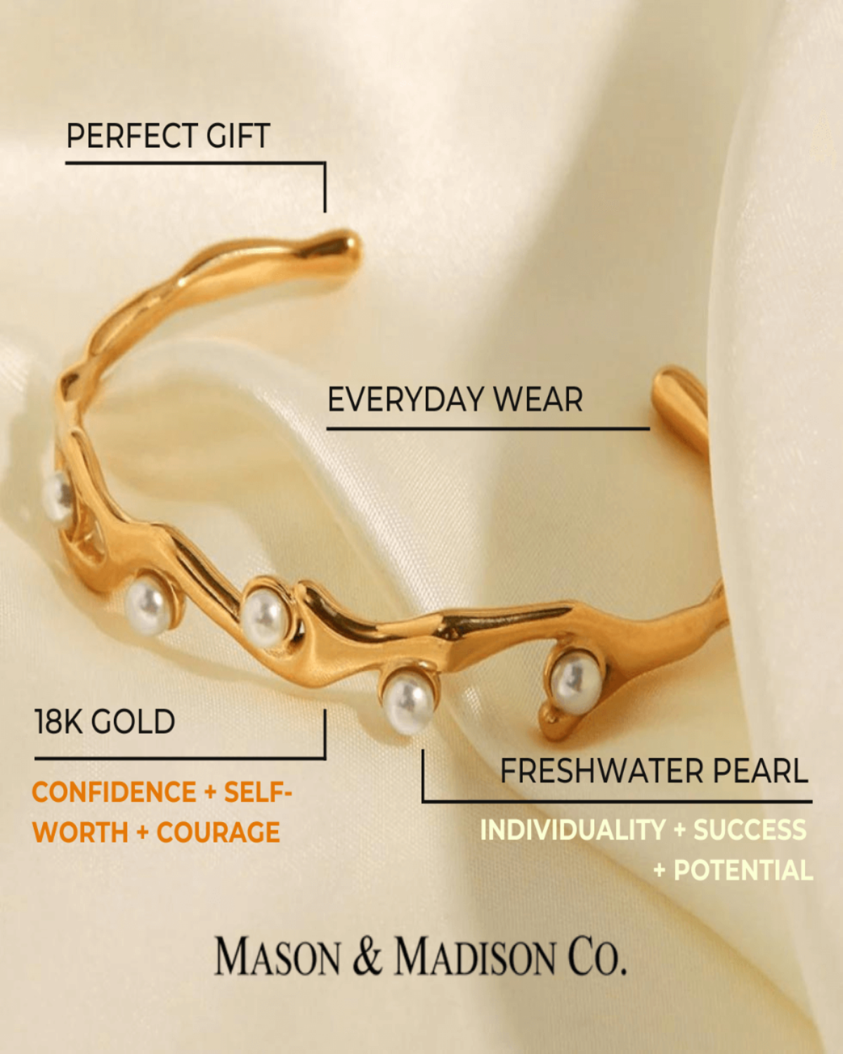 18K Pearl Cuff Bracelet Women’s Best Trending Gift for Lady Girl Mother Wife,Birthday Travel Vacation Bridal Wedding Party Daily Office Work School,Spring Summer Fall Winter Holiday Sale,Mason & Madison Co.