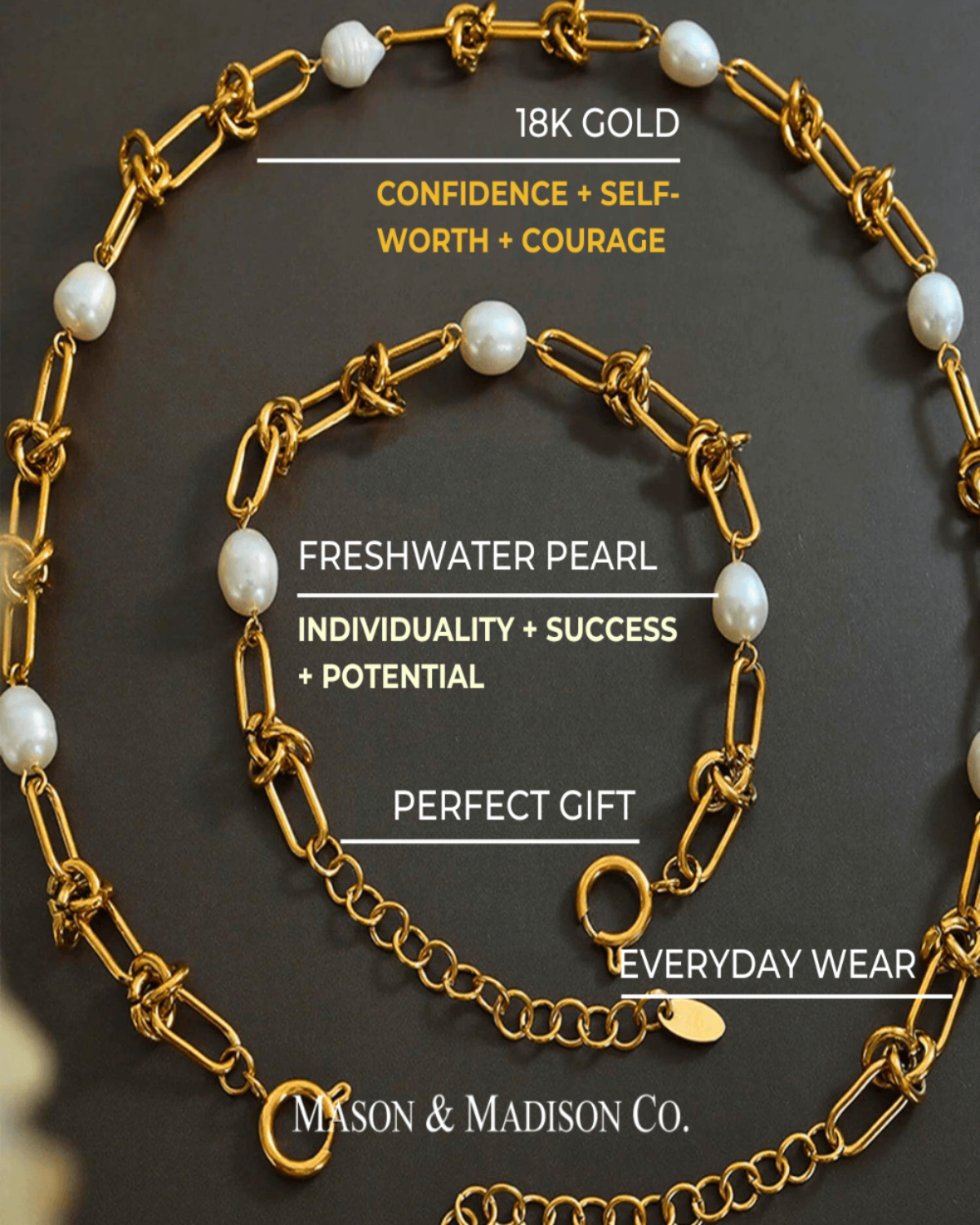 18K Pearl Chain Necklace Bracelet Women’s Best Trending Gift for Lady Girl Mother Wife,Birthday Travel Vacation Bridal Wedding Party Daily Office Work School,Spring Summer Fall Winter Holiday Sale,Mason & Madison Co.
