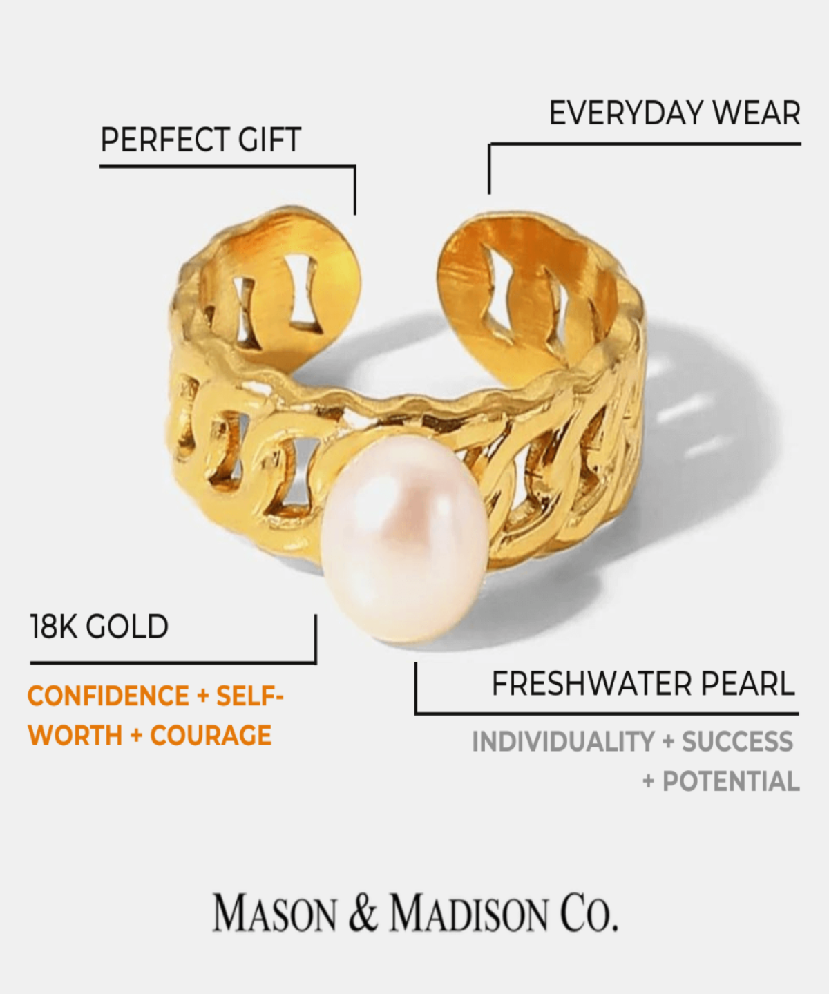 18K Pearl Ring Women’s Best Trending Gift for Lady Girl Mother Wife,Birthday Travel Vacation Bridal Wedding Party Daily Office Work School,Spring Summer Fall Winter Holiday Sale,Mason & Madison Co.
