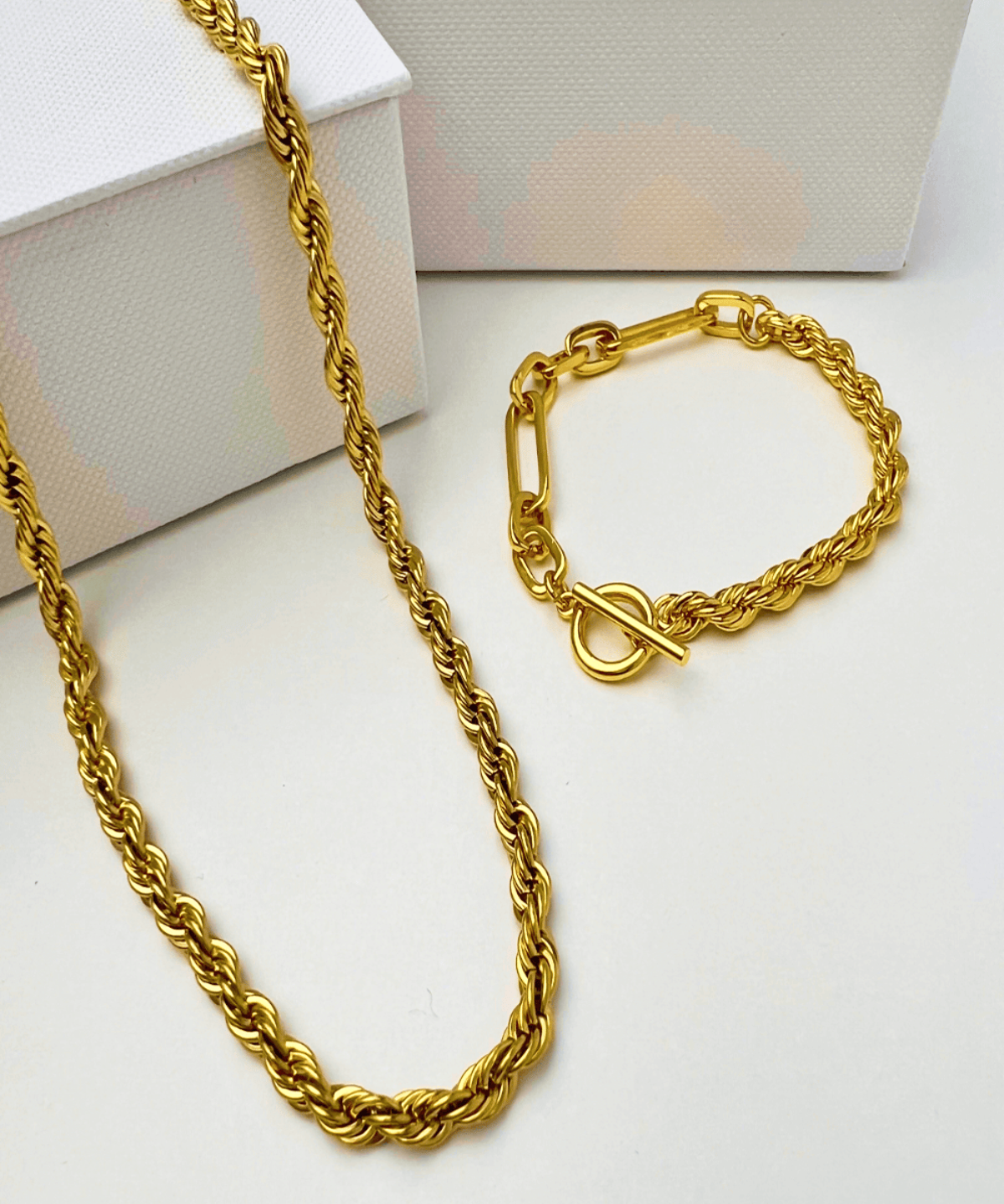 18K Best Trending Gold Rope Chain Necklace Bracelet Set Gift on Sale for Women, Lady, Mother, Wife