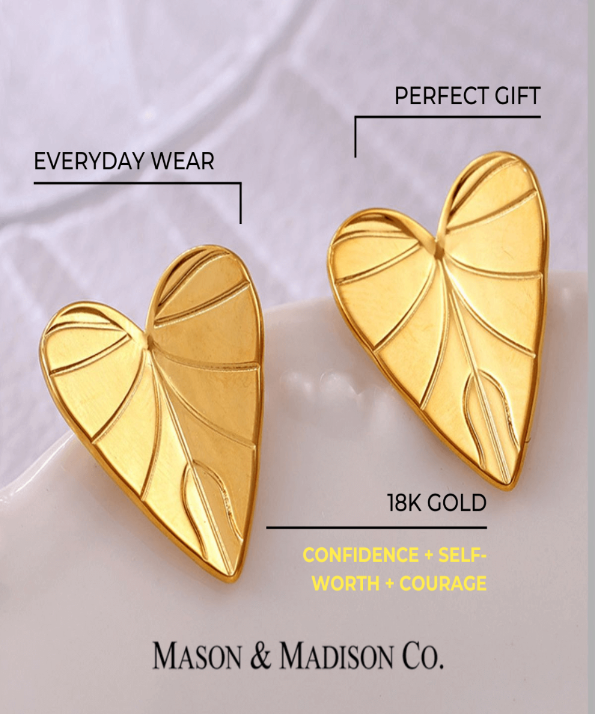 18K Gold Heart Earrings Women’s Best Trending Gift for Lady Girl Mother Wife,Birthday Travel Vacation Bridal Wedding Party Daily Office Work School,Spring Summer Fall Winter Holiday Sale,Mason & Madison Co.