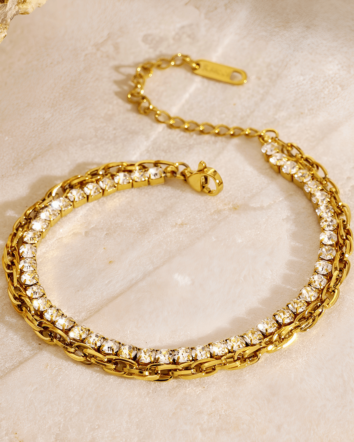 18K Gold Tennis Diamond Double Layered Chain Bracelet,Mason & Madison Co. 