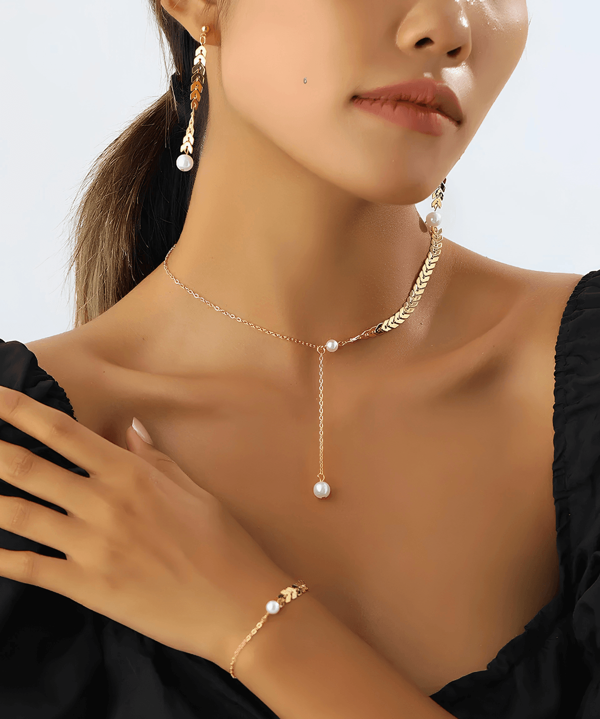 18K Gold Wheat Chain Pearl Necklace Bracelet Earrings Bundle Set 18k Women's | Tarnish-Free, Waterproof, Hypoallergenic, Sustainable, High Quality 