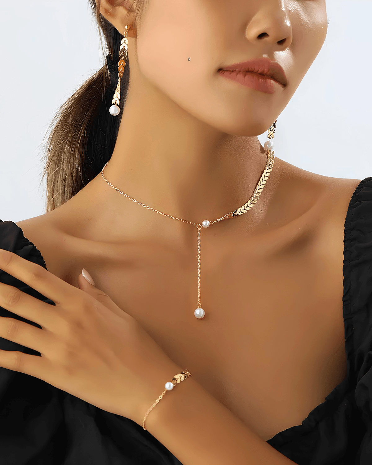 18K Gold Wheat Chain Pearl Necklace Bracelet Earrings Bundle Set 18k Women's | Tarnish-Free, Waterproof, Hypoallergenic, Sustainable, High Quality 