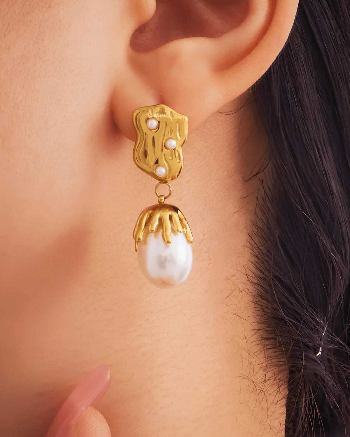 18K Pearl Gold Drop Earrings 18k Women's | Tarnish-Free, Waterproof, Hypoallergenic, Sustainable, High Quality