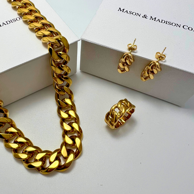 Best Gold Chain Jewelry Bundle Set Gift | Best Aesthetic Yellow Gold Chain Necklace, Earrings, Ring Jewelry Gift for Women, Mother, Wife, Daughter | Mason & Madison Co.