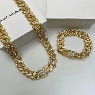 1# BEST Gold Diamond Chain Necklace Bracelet Jewelry Bundle Set Gift for Women | #1 Best Most Top Trendy Trending Aesthetic Yellow Gold Diamond Chain Necklace, Bracelet Jewelry Gift for Women, Mother, Wife, Daughter, Ladies | Mason & Madison Co.