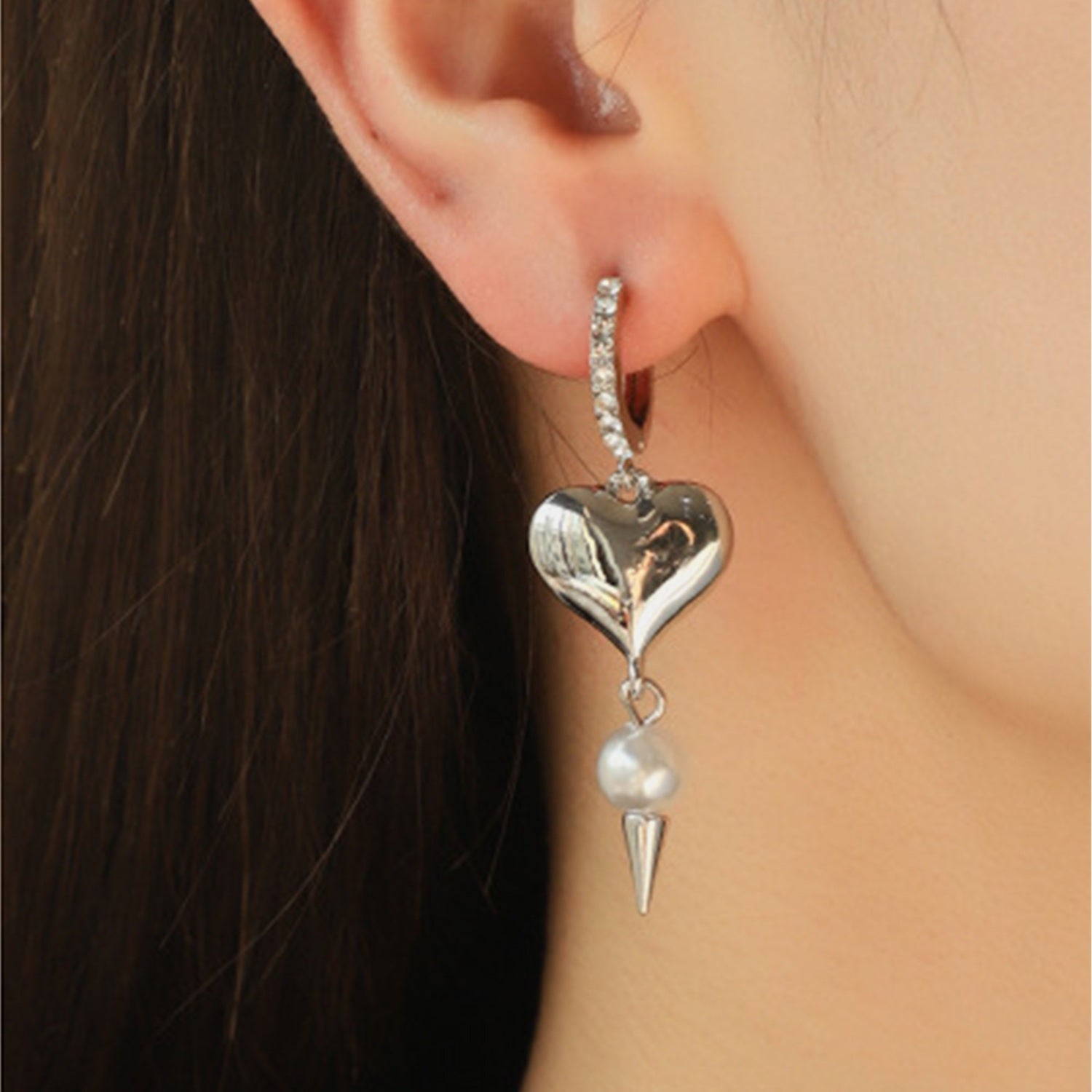 Diamond Pearl Silver Heart Drop Earrings