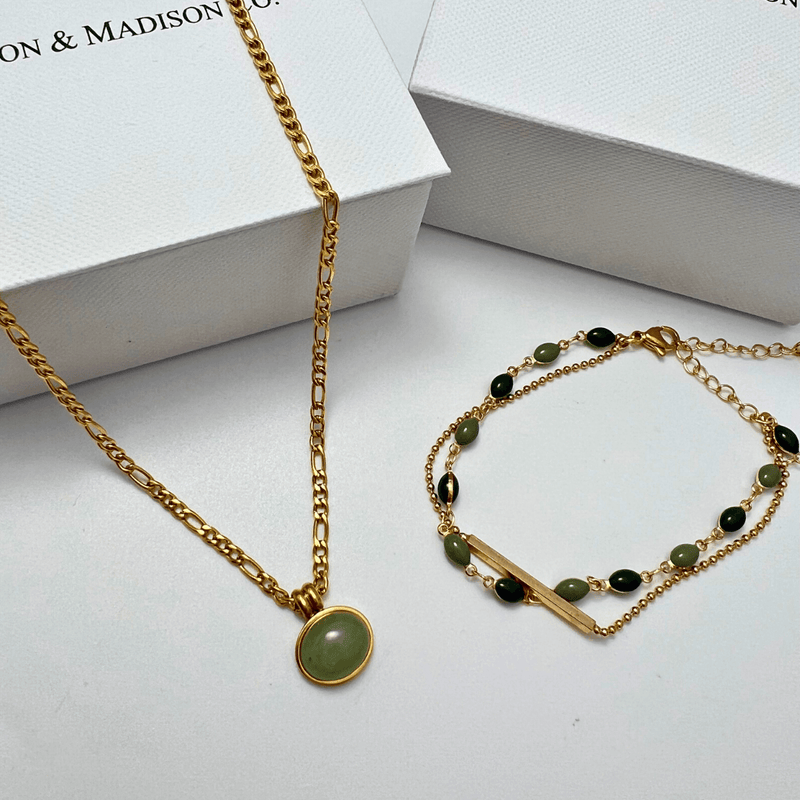 1# BEST Jade Gold Chain Necklace Bracelet Jewelry Bundle Set Gift for Women | #1 Best Most Top Trendy Trending Aesthetic Yellow Gold Jade Chain Necklace, Bracelet Jewelry Gift for Women, Mother, Wife, Ladies| Mason & Madison Co.