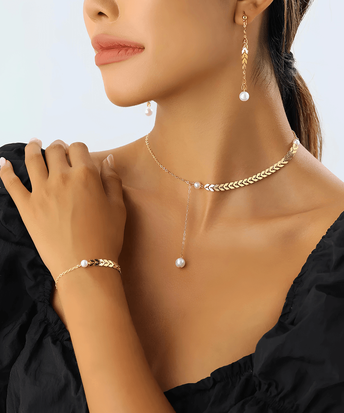 Best 18K Gold Wheat Chain Pearl Necklace Bracelet Earrings Bundle Set 18k Women's | Tarnish-Free, Waterproof, Hypoallergenic, Sustainable, High Quality 