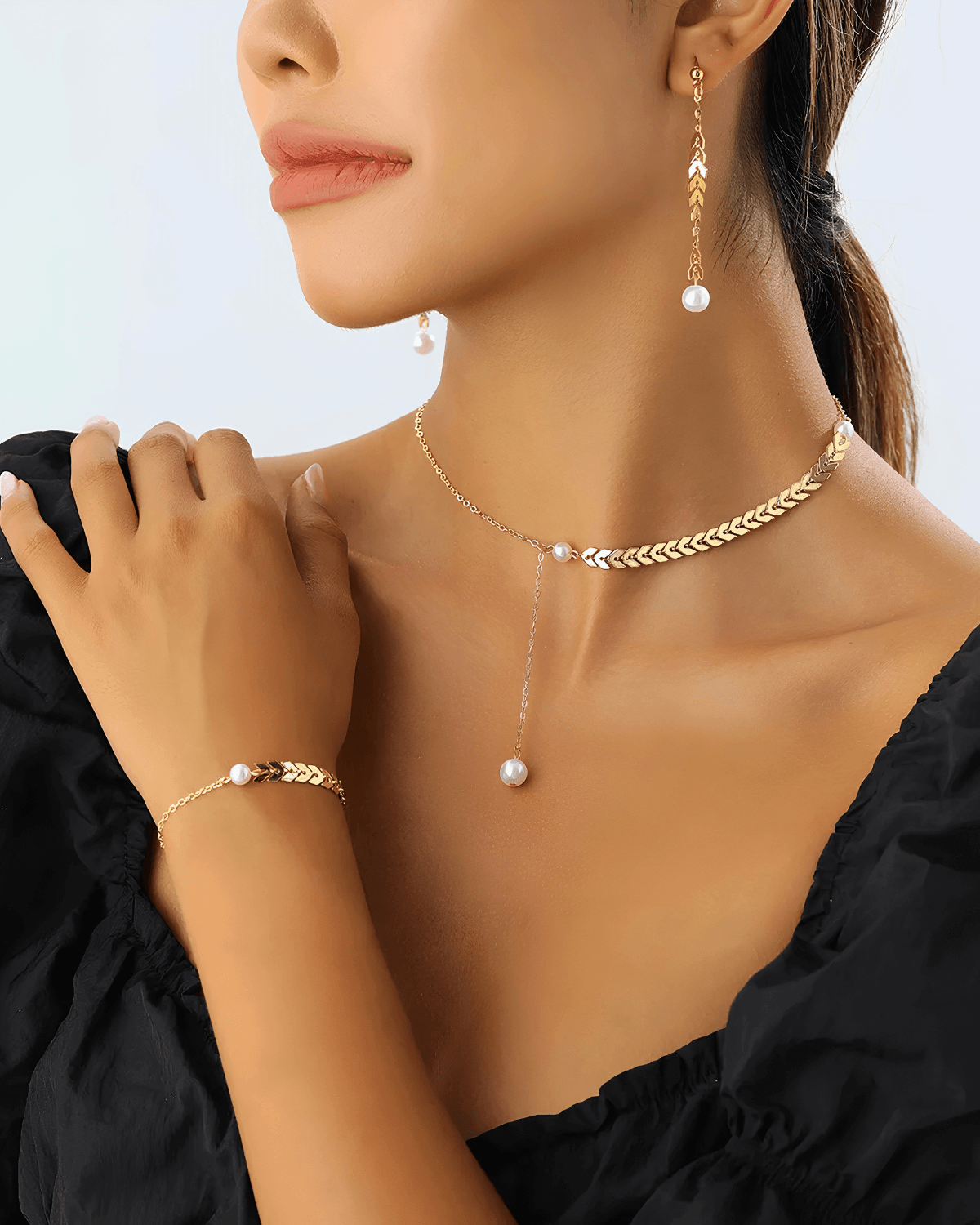 Best 18K Gold Wheat Chain Pearl Necklace Bracelet Earrings Bundle Set 18k Women's | Tarnish-Free, Waterproof, Hypoallergenic, Sustainable, High Quality 