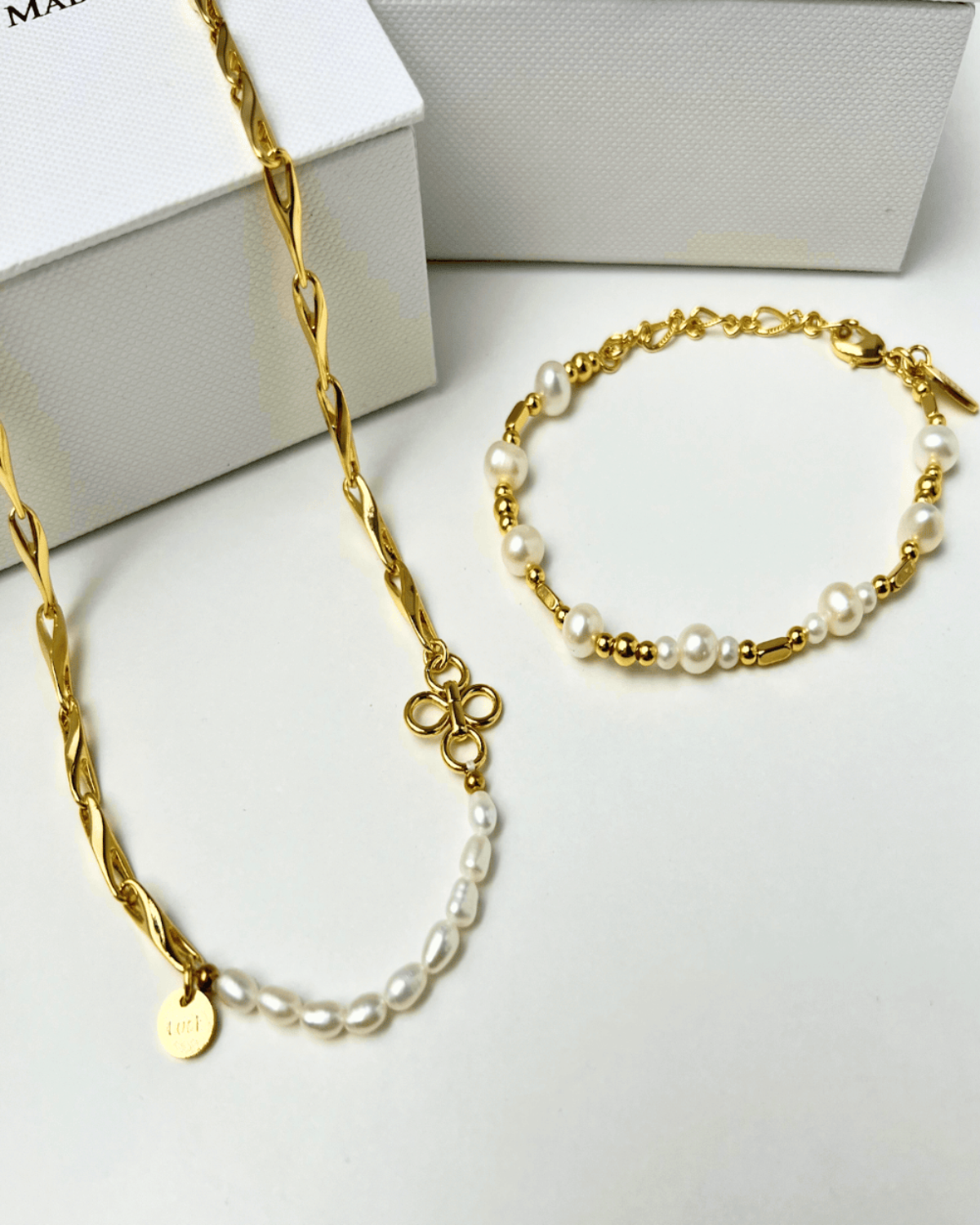 Best Gold Pearl Chain Necklace Bracelet Set Trends for Women, Lady, Wife, Mom | Women’s BEST Trending Trendy Gold Pearl Chain Necklace Bracelet Set Jewelry Gift on Sale for Women, Lady, Mother, Wife | Mason & Madison Co.