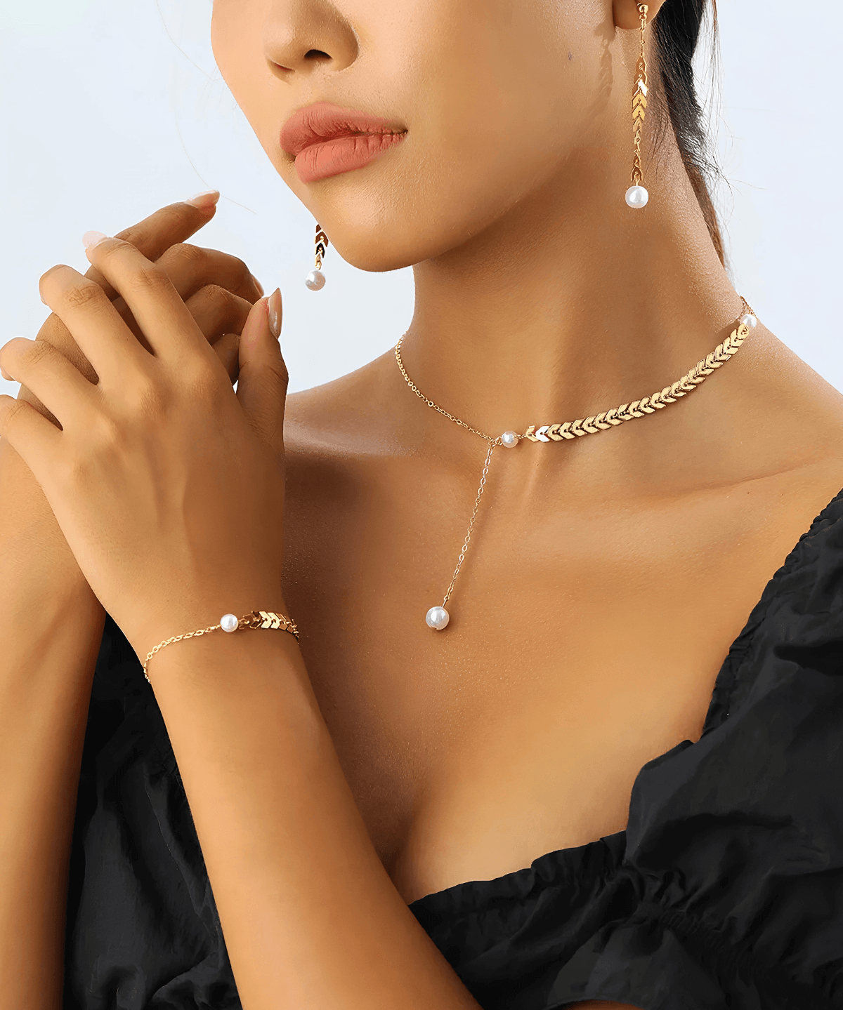 Mason & Madison Co. 18K Gold Wheat Chain Pearl Necklace Bracelet Earrings Bundle Set 18k Women's | Tarnish-Free, Waterproof, Hypoallergenic, Sustainable, High Quality 