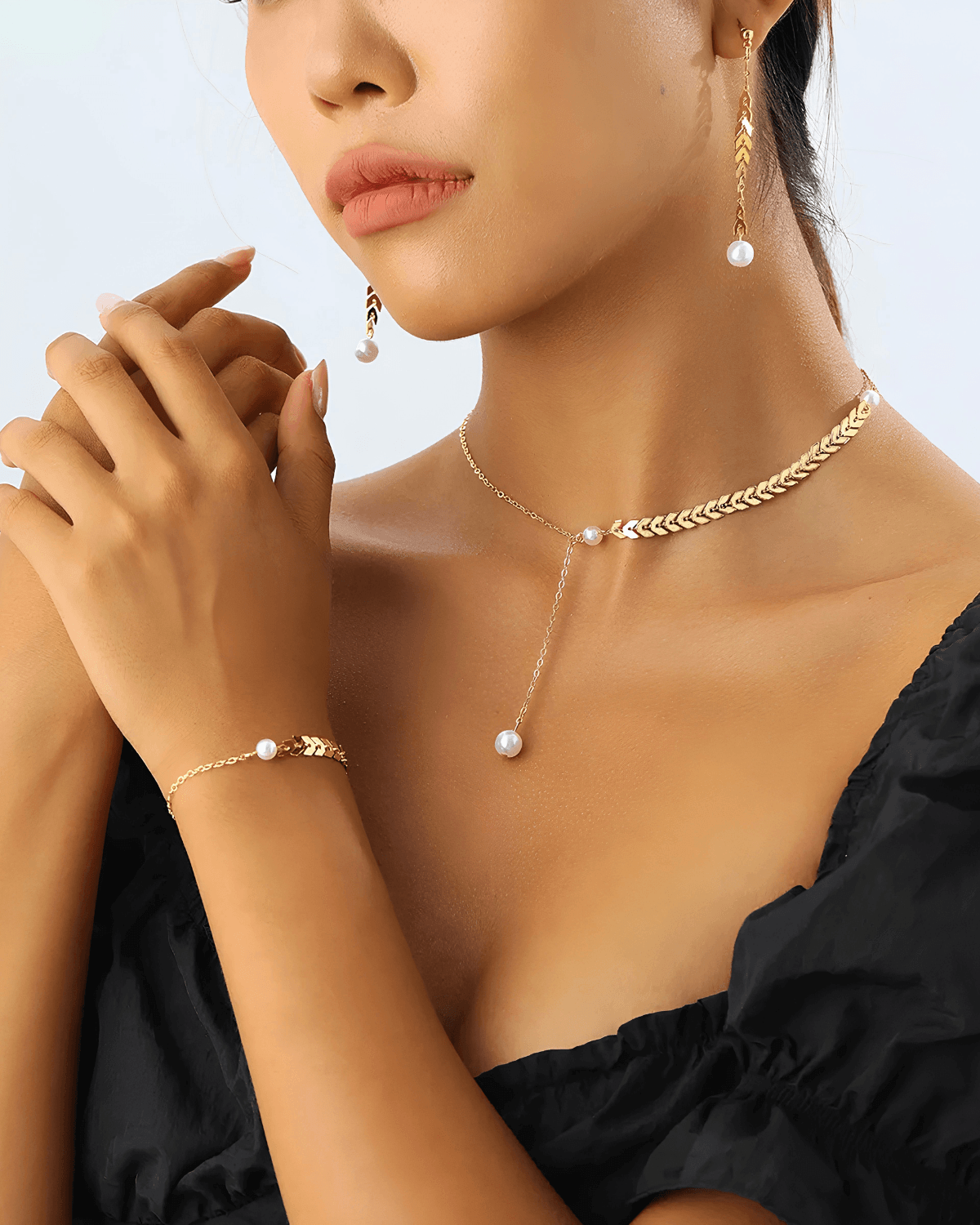 Mason & Madison Co. 18K Gold Wheat Chain Pearl Necklace Bracelet Earrings Bundle Set 18k Women's | Tarnish-Free, Waterproof, Hypoallergenic, Sustainable, High Quality 